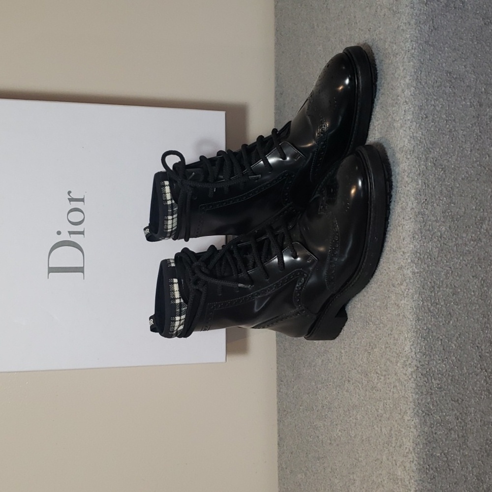 Christian Dior D-Order Tartan Black Leather Low Boot Ankle Boots Size 38